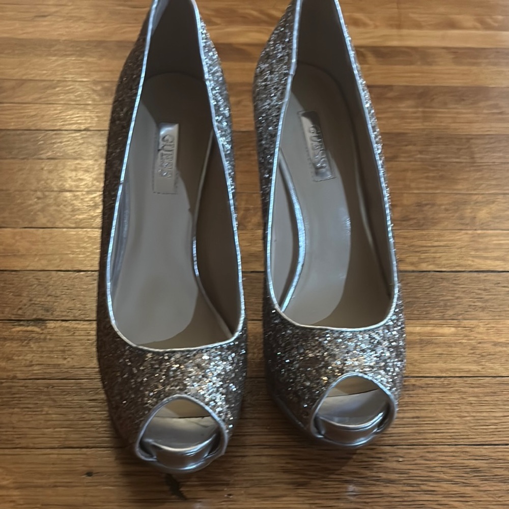 Guess Sparkling Silver Peep-Toe Heels